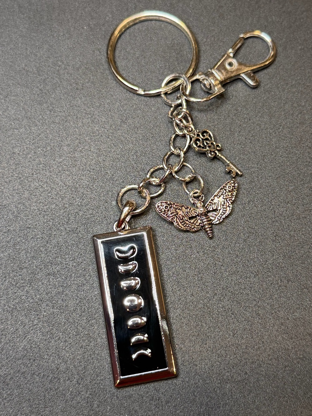 Silver Tone Moon Phase With Moth & Key Charms -Bag Charm/Key Ring - Black Inlay